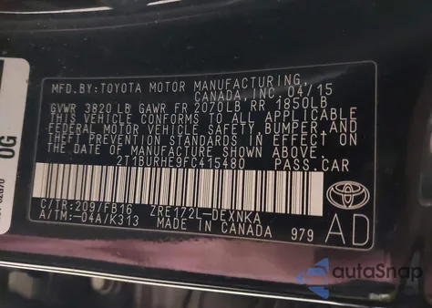 2015 Toyota Corolla Le из США, поврежденный, VIN 2T1BURHE9FC415480